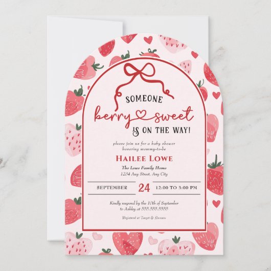ベリースイートベビーシャワーコケットピンクストロベリー 招待状 (正面)