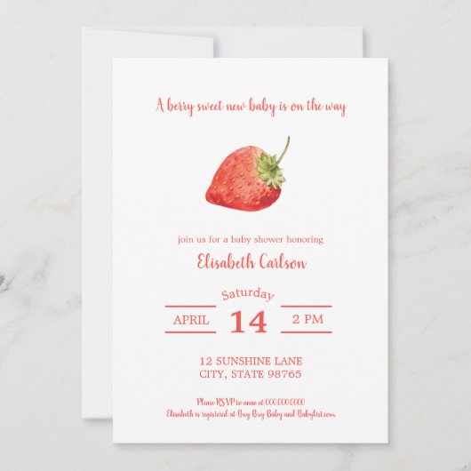 ベリースイートベビーシャワーストロベリー招待状 招待状 (正面)