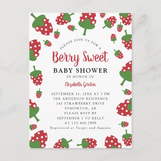 ベリースイートベビーシャワー招待状かわいいイチゴ ポストカード (正面)