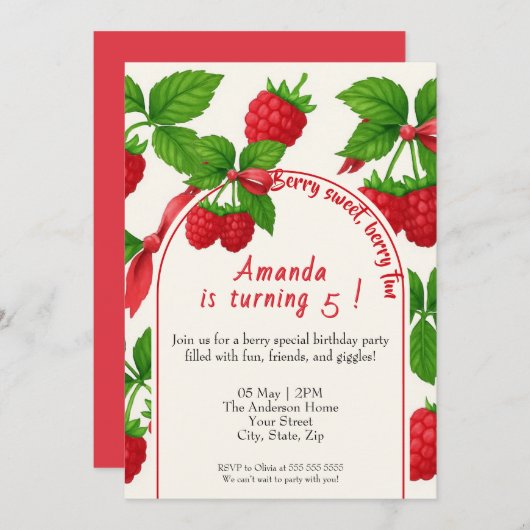 ベリースイートラズベリー子供の誕生日招待状 招待状 (正面/裏面)