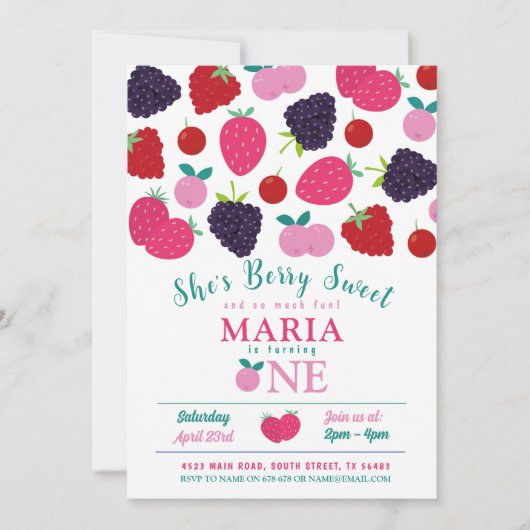ベリースイートワン最初の誕生日ガールズフルーツ 招待状 (正面)