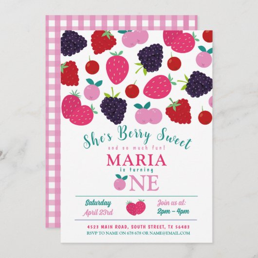 ベリースイートワン最初の誕生日ガールズフルーツ 招待状 (正面/裏面)