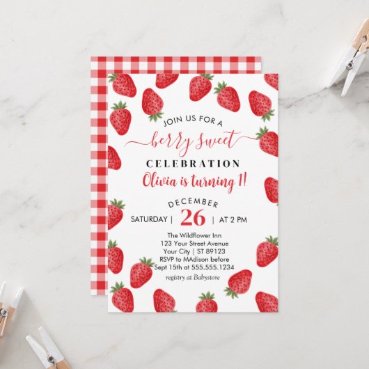 ベリースウィートが1イチゴ1歳の誕生日を飾る 招待状 (正面/裏面インサイチュ)