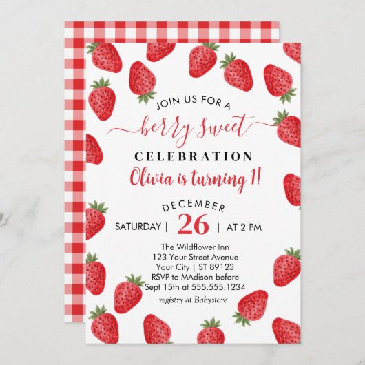 ベリースウィートが1イチゴ1歳の誕生日を飾る 招待状 (正面/裏面)