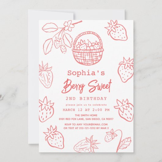 ベリースウィートハンドドロッドスタローベリーガール誕生日 招待状 (正面)