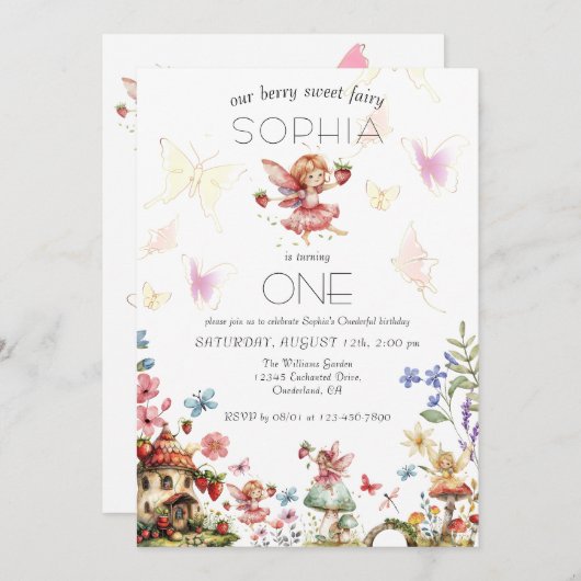 ベリースウィートフェアリーマジックストロベリーガーデン誕生日 招待状 (正面/裏面)
