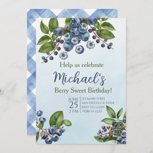 ベリースウィートブルーベリーサマー誕生日招待 招待状 (正面/裏面)