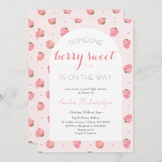 ベリースウィートベビーオンザウェイストロベリーベビーシャワー 招待状 (正面/裏面)