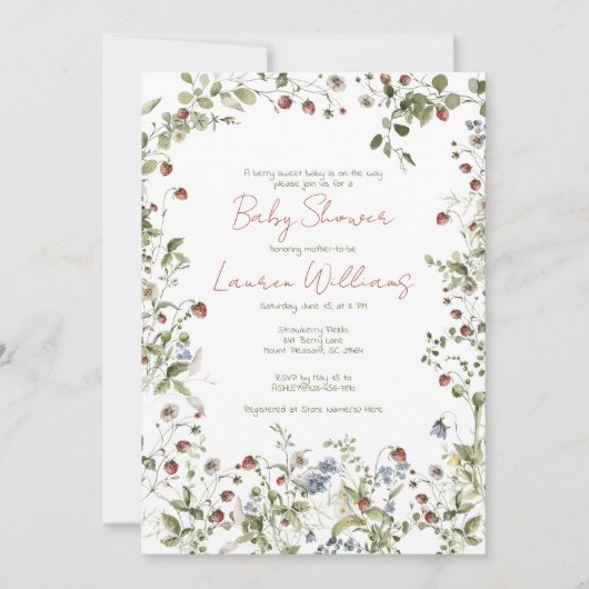ベリースウィートワイルドフラワーウォーターカラーベビーシャワー 招待状 (正面)