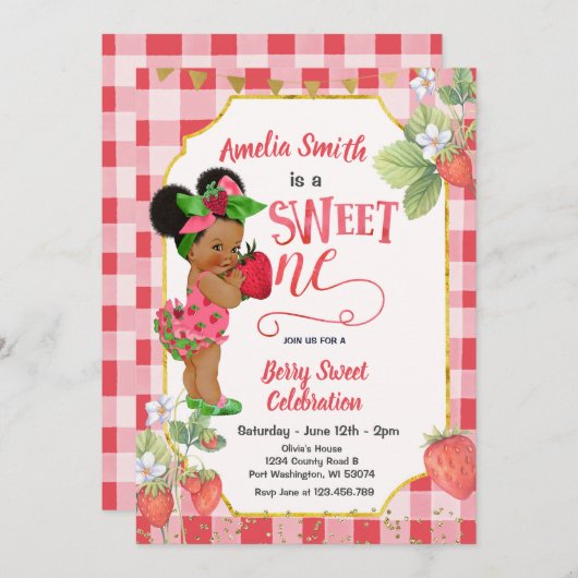 ベリースウィートワンストロベリー誕生日ガールパーティー 招待状 (正面/裏面)