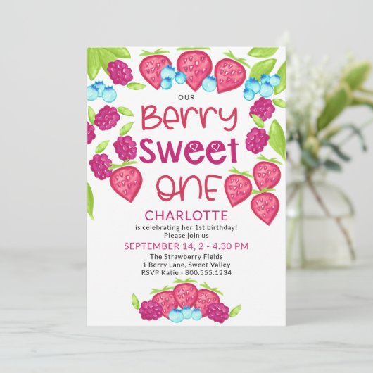 ベリースウィートワンミックスドベリー女の子1st誕生日 招待状 (スタンド正面)