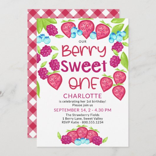 ベリースウィートワンミックスドベリー女の子1st誕生日 招待状 (正面/裏面)