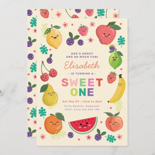 ベリースウィートワン誕生日招待状レインボーカワイフルーツ 招待状 (正面/裏面)
