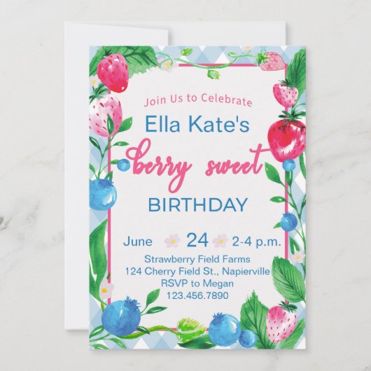ベリースウィート誕生日招待状ストロベリーギンガム 招待状 (正面)