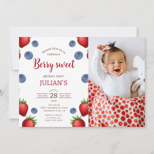 ベリースウィート&ブルーベリーガールバースデーパーティーの写真 招待状 (正面)