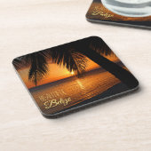 ベリーズのトロピカルパームツリーの夕焼け写真 コースター (左側)