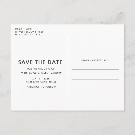 ベリーズの目的地の結婚式の日付を保存 案内ポストカード (裏面)