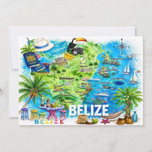 ベリーズカリブ海イラスト入り旅行地図ポストカード 招待状 (正面)