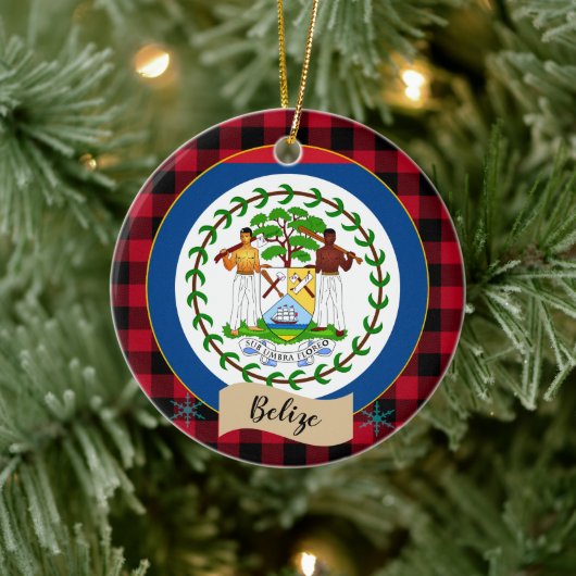 ベリーズ、レッドバッファロープレイド&ベリーズ国旗 セラミックオーナメント (ツリー)