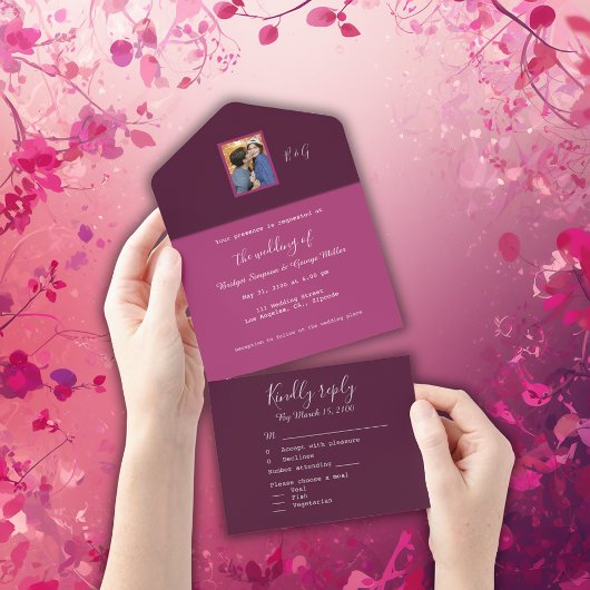 ベリートーンロマンチックカップル写真モノグラム オールインワン招待状