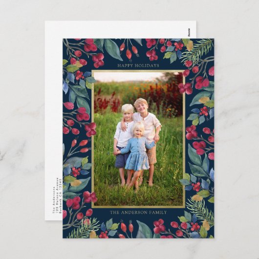 ベリーパインズゴールドフォイルフォトクリスマス シーズンポストカード (正面/裏面)