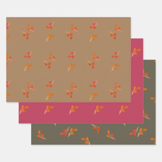 ベリーパターンオリーブグリーンマゼンタブラウン ラッピングペーパーシート (セット)