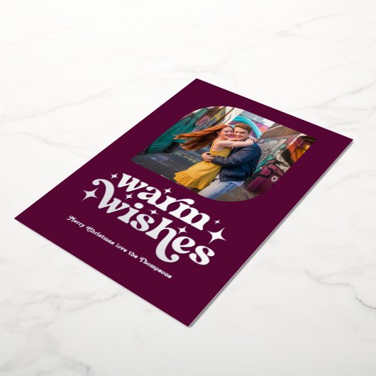 ベリーパープル&シルバーモダンレトロクリスマスフォト 箔シーズンカード (回転した状態)