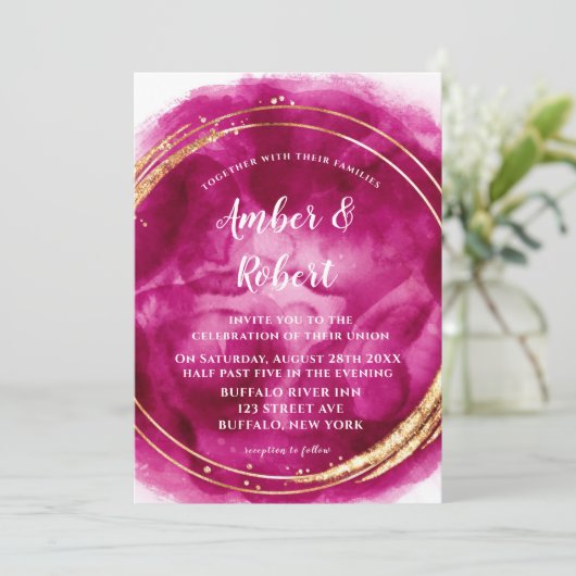 ベリーピンクウォーターカラー金ゴールド結婚式招待状 (スタンド正面)
