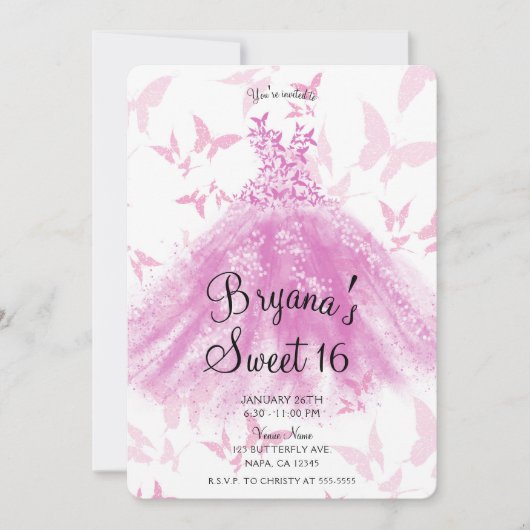 ベリーピンクバタフライダンスドレススウィート16パーティー 招待状 (正面)