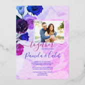 ベリーピンクブライトブルー王室のバラ庭園の結婚式 箔招待状 (正面)