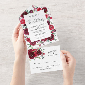 ベリーピンクブルガンディワインレッド結婚ズ詳細RSVP オールインワン招待状