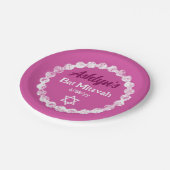 ベリーピンク、ホワイトバットミツバのパーソナライズされたパーティー ペーパープレート (アングル)