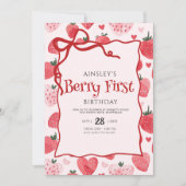ベリーファーストコケットピンクボウ写真1st誕生日 招待状 (正面)