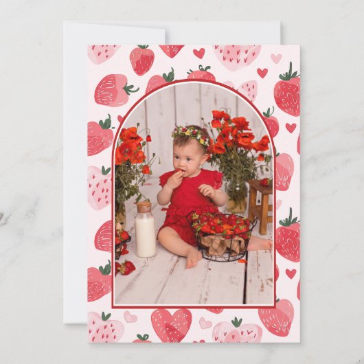 ベリーファーストコケットピンクボウ写真1st誕生日 招待状 (裏面)