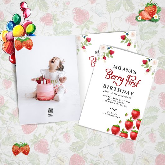 ベリーファーストストロベリーガール1stバースデーフォト 招待状