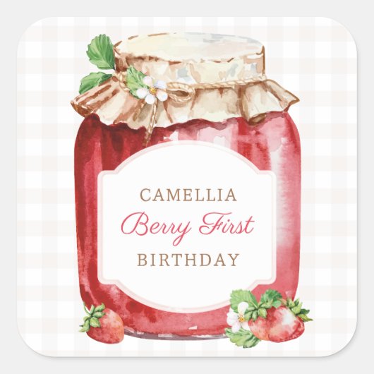ベリーファーストストロベリージャム1st誕生日パーティー スクエアシール (正面)
