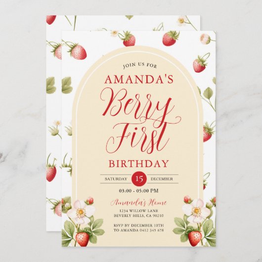 ベリーファーストストロベリースウィートバースデーパーティーフローラ 招待状 (正面/裏面)