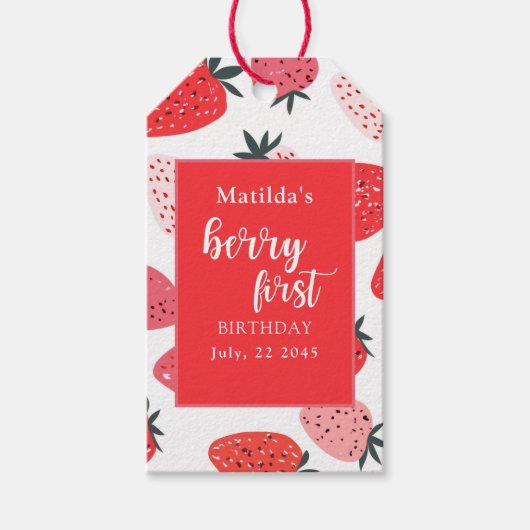 ベリーファーストストロベリーバースデーパーティー赤ピンク ギフトタグ (正面)
