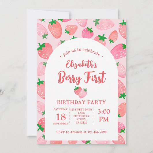 ベリーファーストストロベリーピンクガールの誕生日パーティー 招待状 (正面)