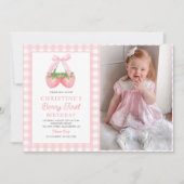 ベリーファーストストロベリーピンクボウ1stバースデーフォト 招待状 (正面)