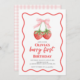 ベリーファーストストロベリーピンクボウ1st誕生日 招待状
