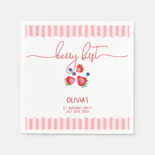 ベリーファーストストロベリーレッドガール1st誕生日パーティー スタンダードカクテルナプキン (正面)