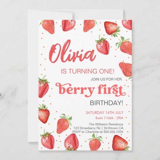 ベリーファーストストロベリー誕生日 招待状 (正面)
