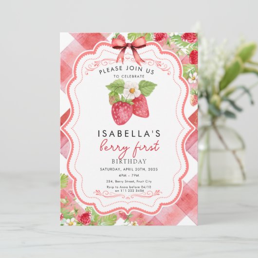 ベリーファーストストロベリー1st夏誕生日ギンガム 招待状 (スタンド正面)