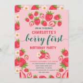ベリーファーストストロベリー1st誕生日パーティーガール 招待状 (正面/裏面)