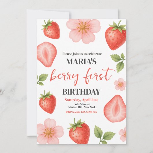 ベリーファーストストロベリー1st誕生日パーティー 招待状 (正面)
