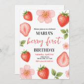 ベリーファーストストロベリー1st誕生日パーティー 招待状 (正面/裏面)