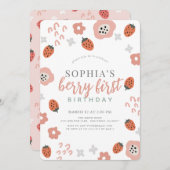 ベリーファーストピンクストロベリーガール1st誕生日 招待状 (正面/裏面)