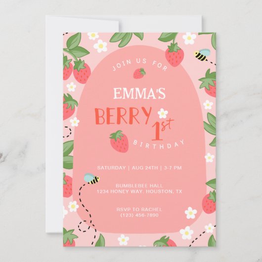 ベリーファーストピンクストロベリービーバースデーパーティー 招待状 (正面)
