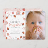 ベリーファーストピンクストロベリー1stバースデーフォト 招待状 (正面/裏面)